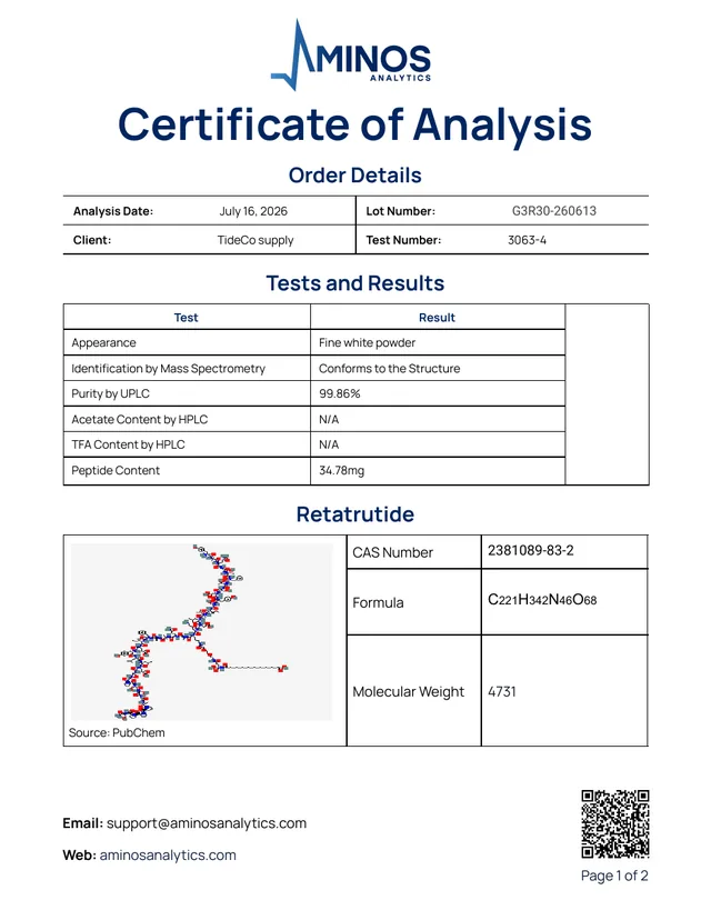 Certificate of analysis for lot G3R30-260613, retatrutide, purity 99.86% by UPLC